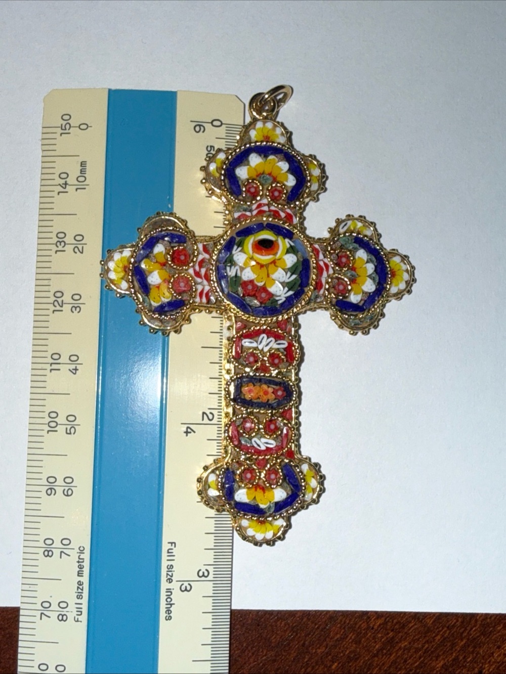 Vintage Italian Florentine Micro Mosaic Floral Cross Pendant - Picture 3 of 4